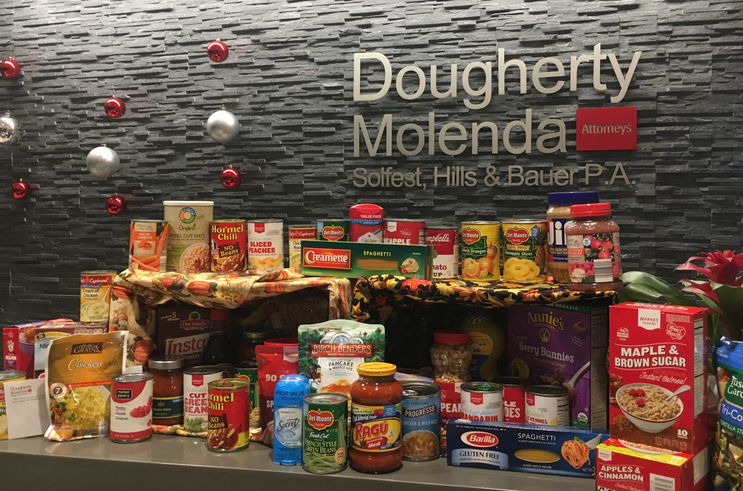 Photo of the local food shelf at Dougherty, Molenda, Solfest, Hills & Bauer P.A. for donation.